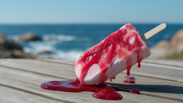 Eis mit Himbeersoße schmilzt in der Sonne vor einem Meereshintergrund